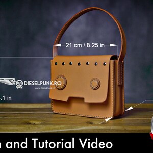 May include: A brown leather crossbody bag with a flap closure and metal rivets. The bag measures 8.25 inches tall and 6.1 inches wide. The bag is on a wooden surface with a PDF download button in the lower right corner.
