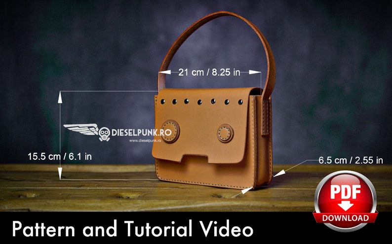 May include: A brown leather crossbody bag with a flap closure and metal rivets. The bag measures 8.25 inches tall and 6.1 inches wide. The bag is on a wooden surface with a PDF download button in the lower right corner.