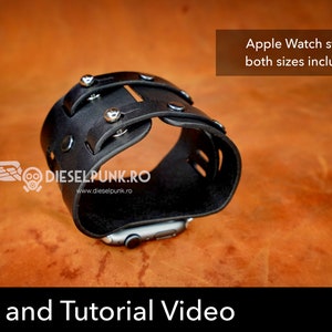 May include: Black leather Apple Watch band with silver studs and a pattern for making your own.  The text on the image reads "Apple Watch straps both sizes included" and "Pattern and Tutorial Video".