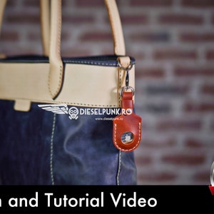 May include: A blue leather tote bag with a tan leather trim and a brown leather key chain. The bag has a stitched design and the text "DIESELPUNK.RO" is visible on the front. The image also includes the text "Pattern and Tutorial Video" and a red button with the text "PDF DOWNLOAD".