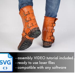 May include: Tan leather gaiters featuring three horizontal straps with metal buckles on each side. The gaiters are worn over dark brown boots and blue jeans. The text TONY SEE PATTERNS is visible, along with a graphic box stating assembly VIDEO tutorial included, ready to use laser files, compatible with any software.