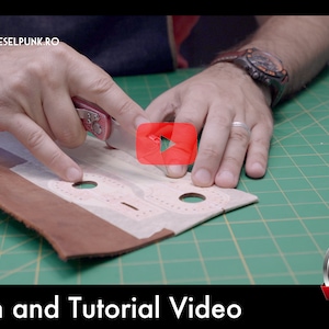 May include: A person cuts a piece of brown leather with a utility knife. The leather has a pattern of holes and lines. The background is a green cutting mat. The text "Pattern and Tutorial Video" is at the bottom of the image. A red button with the text "PDF DOWNLOAD" is in the lower right corner.