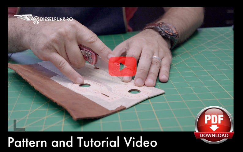 May include: A person cuts a piece of brown leather with a utility knife. The leather has a pattern of holes and lines. The background is a green cutting mat. The text "Pattern and Tutorial Video" is at the bottom of the image. A red button with the text "PDF DOWNLOAD" is in the lower right corner.