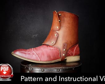 May include: A red leather boot featuring a brown leather gaiter or spat overlay secured with brass-colored metal studs. The boot has a pointed toe, a low heel, and visible stitching along the vamp. Text at the bottom reads PDF DOWNLOAD Pattern and Instructional Video.