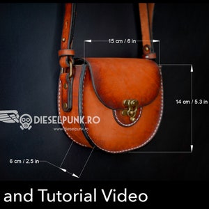 May include: A brown leather saddlebag with a flap closure, measuring 6 inches wide, 5.3 inches high, and 6 inches deep. The bag features a brass clasp and white stitching. The text "DIESELPUNK.RO" and "Pattern and Tutorial Video" are visible.