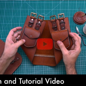 May include: A brown leather belt with two pockets and buckles. The belt is laid out on a green cutting mat with tools and thread nearby. The text "Pattern and Tutorial Video" is at the bottom of the image.