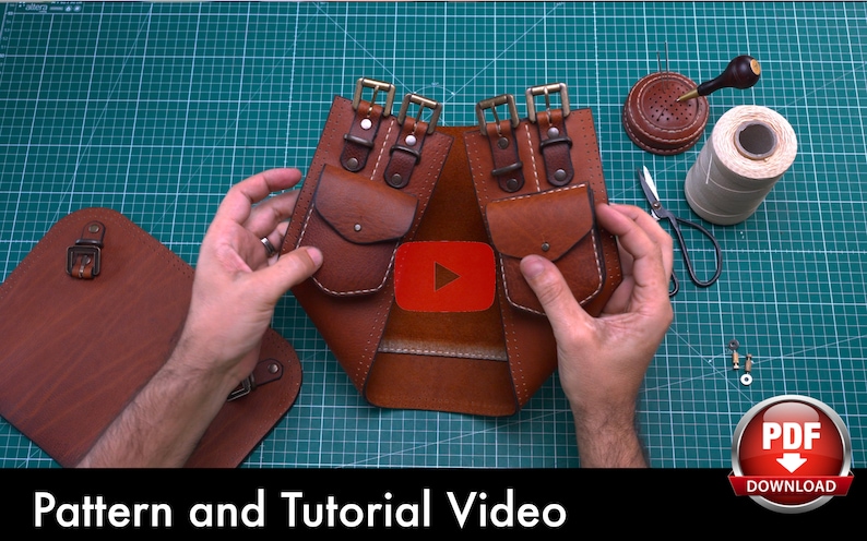 May include: A brown leather belt with two pockets and buckles. The belt is laid out on a green cutting mat with tools and thread nearby. The text "Pattern and Tutorial Video" is at the bottom of the image.
