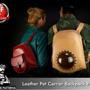 May include: A red leather backpack with a front flap and a tan leather backpack featuring a circular transparent bubble window surrounded by metal rivets. The text "PDF DOWNLOAD" and "TONY SEE PATTERNS Leather Pet Carrier Backpack Patterns" is visible.