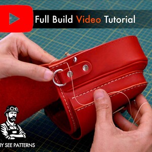 May include: A close-up of a red leather project with white stitching and metal hardware. The text "Full Build Video Tutorial" is displayed above the project. The logo "TONY SEE PATTERNS" is in the lower left corner.