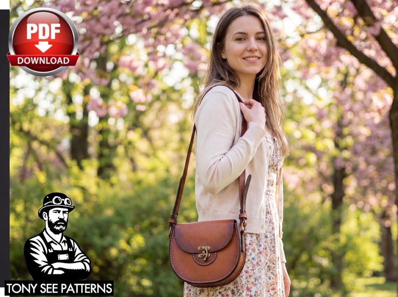 May include: A brown leather crossbody bag with a curved bottom and a decorative clasp. The bag has a long strap and is worn over the shoulder. The image also includes a logo with the text "PDF DOWNLOAD" and "TONY SEE PATTERNS".