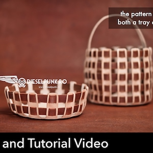May include: A pattern set for a leather tray and basket. The tray and basket are made of brown and white leather and have a checkered pattern. The pattern set includes a PDF download for the pattern and a tutorial video.