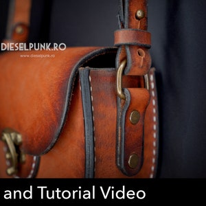 May include: Close-up of a handcrafted brown leather shoulder bag with a flap closure. The bag features brass hardware, visible stitching, and a shoulder strap. The text "DIESELPUNK.RO" is visible in the upper left corner, with the words "Pattern and Tutorial Video" at the bottom.
