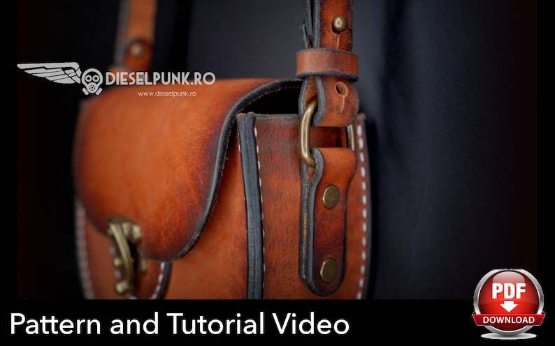 May include: Close-up of a handcrafted brown leather shoulder bag with a flap closure. The bag features brass hardware, visible stitching, and a shoulder strap. The text "DIESELPUNK.RO" is visible in the upper left corner, with the words "Pattern and Tutorial Video" at the bottom.