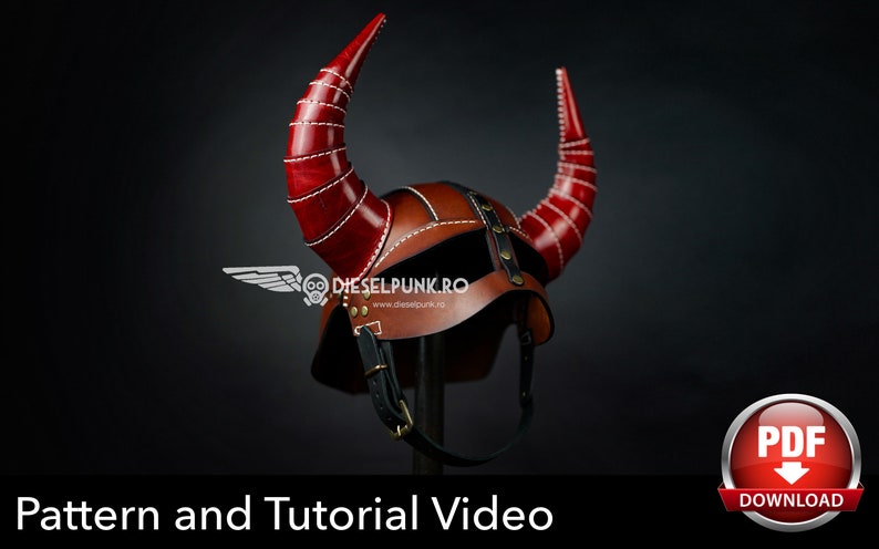 May include: A brown leather helmet with two large red horns. The helmet has a strap and buckle on the chin. The helmet is on a black stand. The text "DIESELPUNK.RO" is visible on the helmet. The text "PDF DOWNLOAD" is visible in the lower right corner of the image.