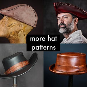 May include: A collection of four hats including a brown leather flat cap on a mannequin, a red leather tricorn hat, a black leather wide-brimmed hat with a decorative band, and a brown leather fedora-style hat with a matching leather band.