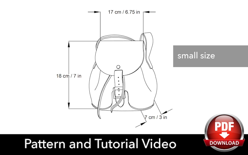 Pode incluir: Desenho de linha de uma pequena mochila de couro com fecho de fivela. A mochila mede 18 cm de altura, 7 cm de largura e 6,75 cm de profundidade. O texto "tamanho pequeno" est&aacute; inclu&iacute;do na imagem.