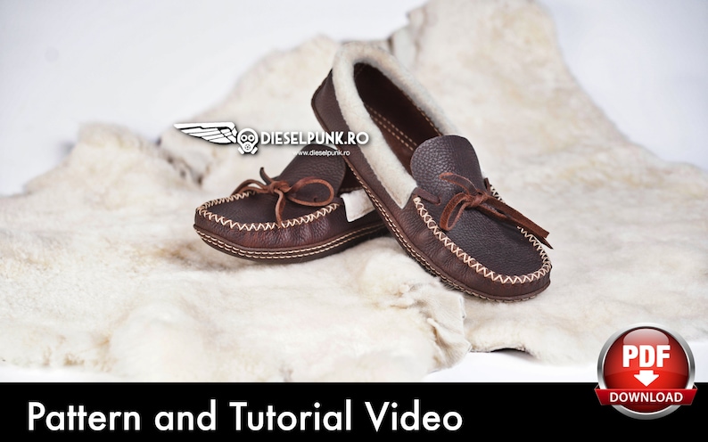 May include: A pair of brown leather moccasins with a white fur lining. The moccasins have a decorative stitching detail around the edges and a bow on the top. The moccasins are sitting on a white fur rug.