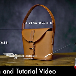 May include: A brown leather handbag with a buckle closure and a strap handle. The bag measures 6.1 inches tall, 8.25 inches wide, and 2.55 inches deep. The bag is on a wooden surface. The text "DIESELPUNK.RO" is visible on the bag. The text "PDF DOWNLOAD" is visible in the lower right corner of the image.