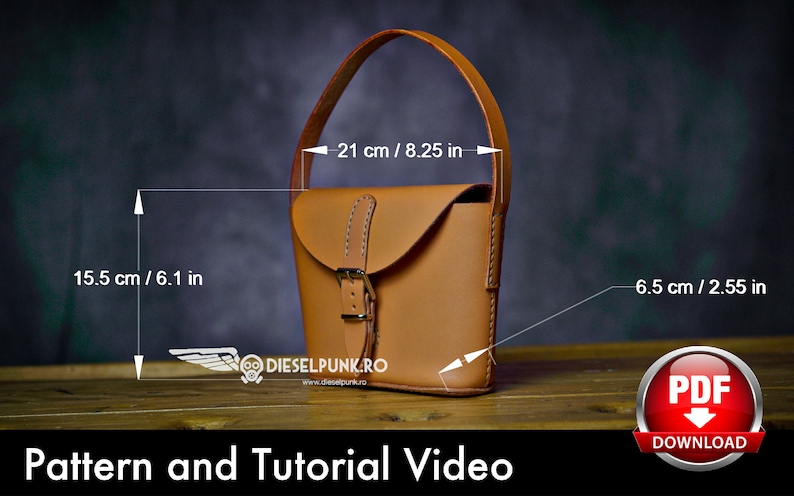 May include: A brown leather handbag with a buckle closure and a strap handle. The bag measures 6.1 inches tall, 8.25 inches wide, and 2.55 inches deep. The bag is on a wooden surface. The text "DIESELPUNK.RO" is visible on the bag. The text "PDF DOWNLOAD" is visible in the lower right corner of the image.