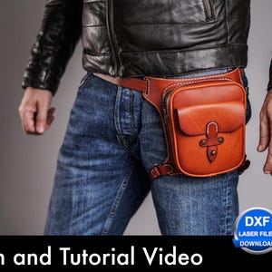 May include: A tan leather leg bag featuring a structured rectangular pouch with a flap closure, secured by a central strap and metal hardware. The bag is attached to a waist belt and a thigh strap. Text at the bottom reads Pattern and Tutorial Video.