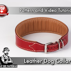 Może przedstawiać: Czerwona skórzana obroża dla psa z białymi przeszyciami i srebrną klamrą. Obroża ma wyściełane, jasnobrązowe wnętrze. Obraz zawiera również tekst "Pattern and Video Tutorial" i "Leather Dog Collar".