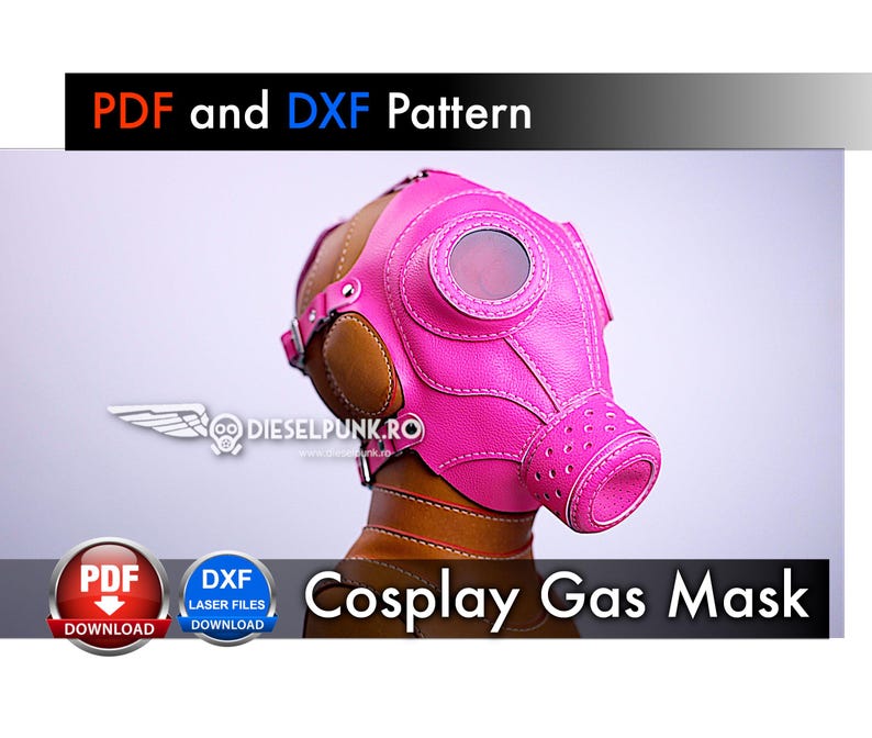 May include: Pink leather cosplay gas mask with a clear plastic eye piece and a brown leather strap. PDF and DXF pattern download available.