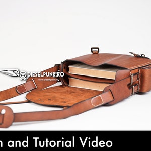 May include: A brown leather messenger bag with a flap closure and a buckle. The bag is open and has two books inside. The bag has a long adjustable strap and a small pocket on the side. The text "Pattern and Tutorial Video" is at the bottom of the image.