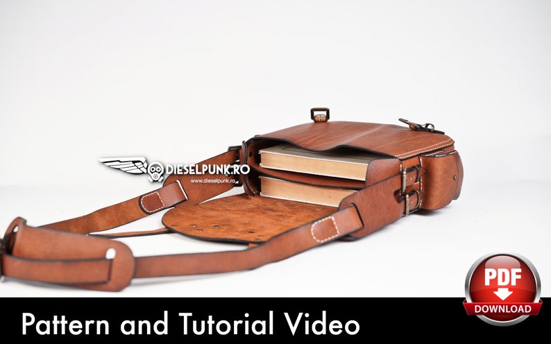 May include: A brown leather messenger bag with a flap closure and a buckle. The bag is open and has two books inside. The bag has a long adjustable strap and a small pocket on the side. The text "Pattern and Tutorial Video" is at the bottom of the image.