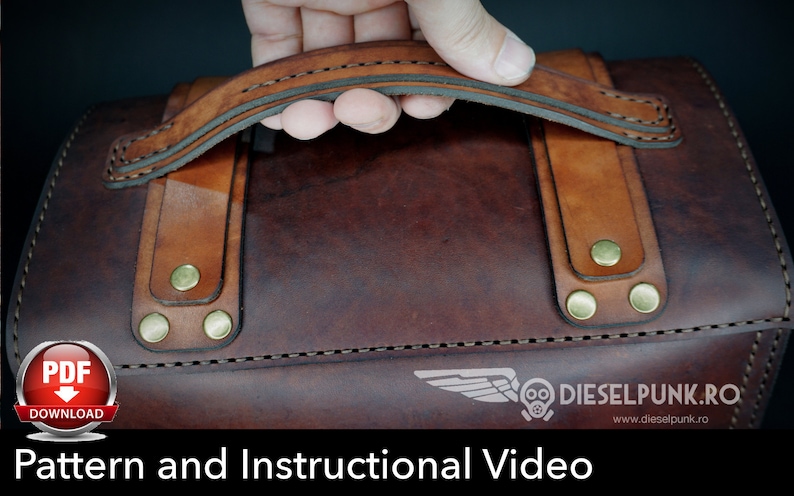 May include: A brown leather bag with a top handle and brass rivets. The bag has a stitched design around the edges. The bag is labeled "DIESELPUNK.RO" and "www.dieselpunk.ro".