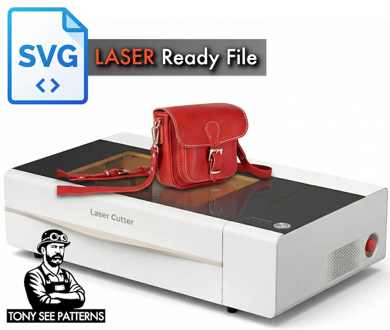 May include: A red leather crossbody bag with a buckle closure and white stitching sits atop a white laser cutter machine. The machine has a black top and the text "Laser Cutter" is visible. The image includes the text "SVG Laser Ready File".