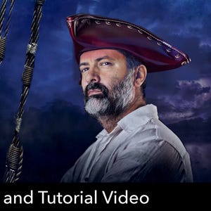 May include: A deep burgundy leather tricorn hat with visible stitching along the brim. The hat is worn by a person with a beard and a white shirt. The image includes a red circular icon with the text PDF DOWNLOAD and the text Pattern and Tutorial Video.
