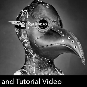 May include: Black and white image of a plague doctor mask. The mask is made of leather and features a long beak, round eye holes, and decorative rivets. The mask is on a mannequin head. The text "Pattern and Tutorial Video" is at the bottom.