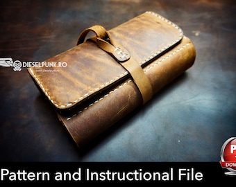 May include: A brown leather roll-up case with a strap and white stitching. The case is closed and lying on a dark brown surface. The text "Pattern and Instructional File" is below the case. A red button with the text "PDF DOWNLOAD" is in the lower right corner.