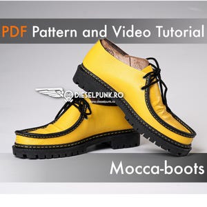 May include: A pair of yellow leather mocca-boots with black stitching and soles. The boots have a lace-up closure and are shown on a gray background. The text "PDF Pattern and Video Tutorial" and "www.dieselpunk.ro" is visible in the image.