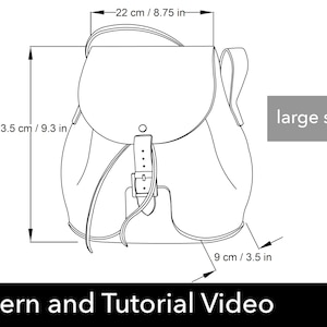 Pode incluir: Desenho de linha de um padr&atilde;o de mochila de tamanho grande com medidas em polegadas e cent&iacute;metros. O padr&atilde;o inclui uma aba com fecho de fivela e uma al&ccedil;a superior.