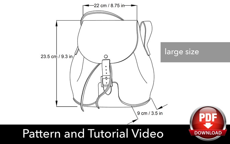 Pode incluir: Desenho de linha de um padr&atilde;o de mochila de tamanho grande com medidas em polegadas e cent&iacute;metros. O padr&atilde;o inclui uma aba com fecho de fivela e uma al&ccedil;a superior.