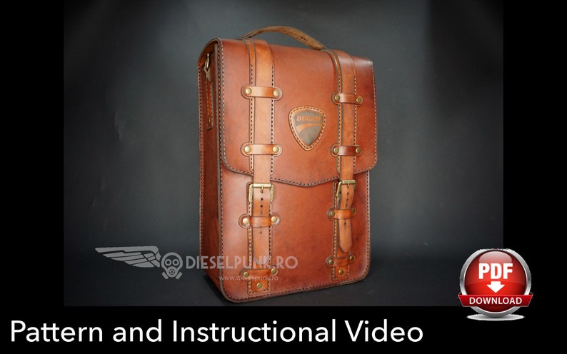 May include: A brown leather backpack with a stitched design and brass buckles. The bag has a logo on the front that says "Dieselpunk.ro".