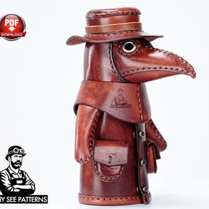 May include: A brown leather plague doctor figurine featuring a wide-brimmed hat, a long beak mask with circular eye lenses, and a coat with small attached pouches. The figure is stitched with visible thread and includes a PDF download icon.