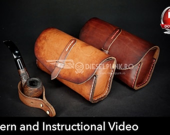 May include: Two leather pipe cases, one brown and one dark brown, with a brown leather pipe holder. The cases have a strap and stitching detail. The image includes the text "Pattern and Instructional Video".