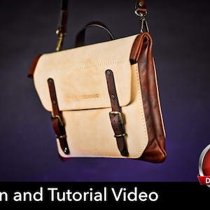 Puede incluir: Un maletín de cuero color canela y marrón oscuro con asa superior, correa para el hombro con clips metálicos y solapa frontal asegurada por dos correas de cuero verticales con hebillas metálicas. El texto "Pattern and Tutorial Video" es visible.