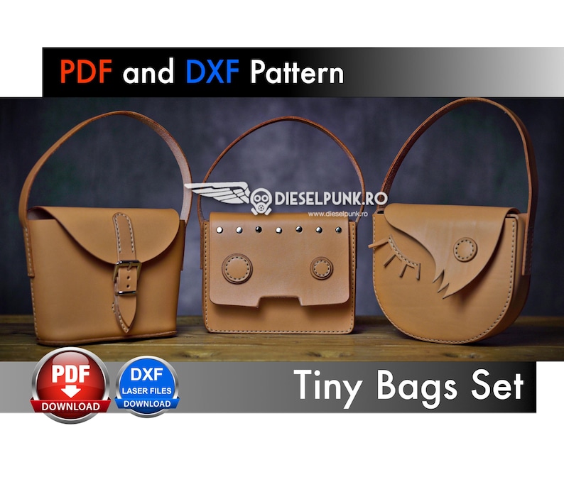 May include: Three different leather bags in a set. The bags are brown and have different shapes and designs. The bags are labeled "Tiny Bags Set".