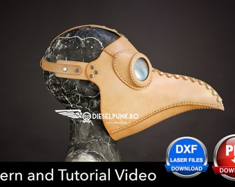 May include: A tan leather plague doctor mask with a clear plastic eye piece and a long beak. The mask is on a mannequin head. The image also includes text that says "Pattern and Tutorial Video", "DXF Laser Files Download", and "PDF Download".
