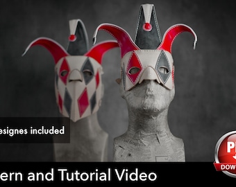Puede incluir: Dos máscaras de bufón con un patrón de diamantes de arlequín en rojo, negro y blanco roto, con gorros puntiagudos y detalles rojos. El texto "two designes included" y "Pattern and Tutorial Video" es visible, junto a un icono de descarga PDF.