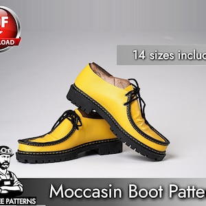May include: A pair of yellow moccasin-style shoes with black laces and thick black lug soles. The text on the image includes PDF DOWNLOAD, 14 sizes included, and TONY SEE PATTERNS Moccasin Boot Patterns, featuring an illustration of a person.