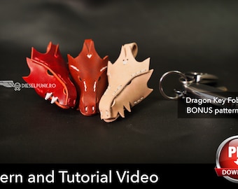 Puede incluir: Tres llaveros de cuero con forma de dragón en rojo, marrón y beige, con costuras blancas y detalles puntiagudos. La imagen incluye el texto DIESELPUNK.RO, Dragon Key Fob BONUS pattern, y Pattern and Tutorial Video con un icono de descarga PDF.
