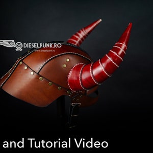 May include: A brown leather helmet with red leather horns and metal accents. The helmet has a stitched seam and is decorated with rivets. The helmet is on a black background.  Pattern and Tutorial Video. PDF Download.