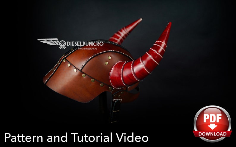 May include: A brown leather helmet with red leather horns and metal accents. The helmet has a stitched seam and is decorated with rivets. The helmet is on a black background.  Pattern and Tutorial Video. PDF Download.
