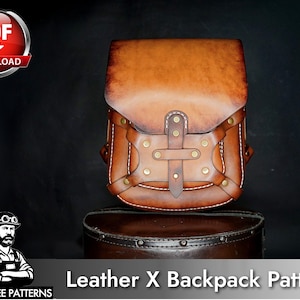 May include: A tan leather backpack featuring a flap closure with a central strap and brass rivets. The design includes a PDF download icon in the top left corner and the text Leather X Backpack Patterns at the bottom with a logo of a person.
