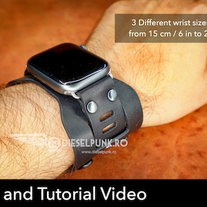 May include: Black leather watch band with a silver buckle and three adjustable holes. The band is shown on a person's wrist. The text "3 Different wrist sizes included from 15 cm / 6 in to 23 cm / 9 in" is displayed above the band. The text "Pattern and Tutorial Video" is displayed below the band. The text "DIESELPUNK.RO" is displayed on the band. A PDF download button is displayed in the lower right corner of the image.