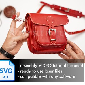 May include: A red leather crossbody bag with white stitching and a silver buckle closure. The bag has a flap top and a shoulder strap. The image includes text that says "assembly VIDEO tutorial included", "ready to use laser files", and "compatible with any software".